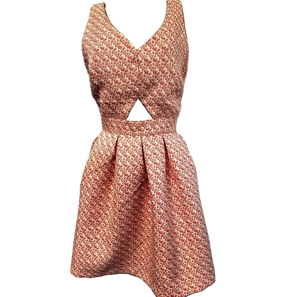 Forever 21 Women Fit & Flare Pleated Pink White Dress Zipper Keyhole Size Large